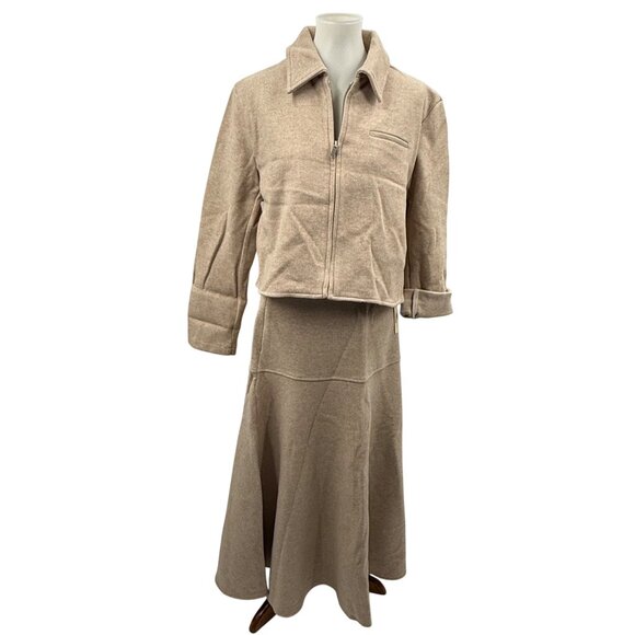 OGL Two Piece Beige Viscose Blend Skirt Set With Zip-Up Jacket & Flared Maxi Ski - Picture 2 of 16